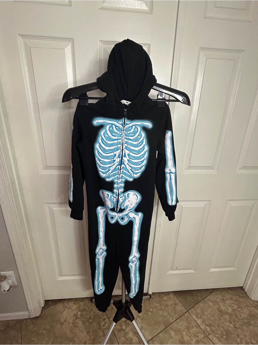 H&M Black Skeleton Glow in Dark Hooded Fleece Onsie